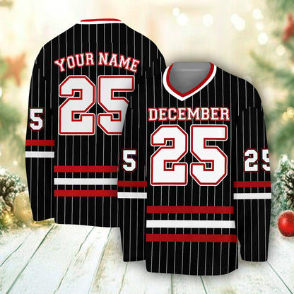 Third back view showing custom name and number on black hockey jersey