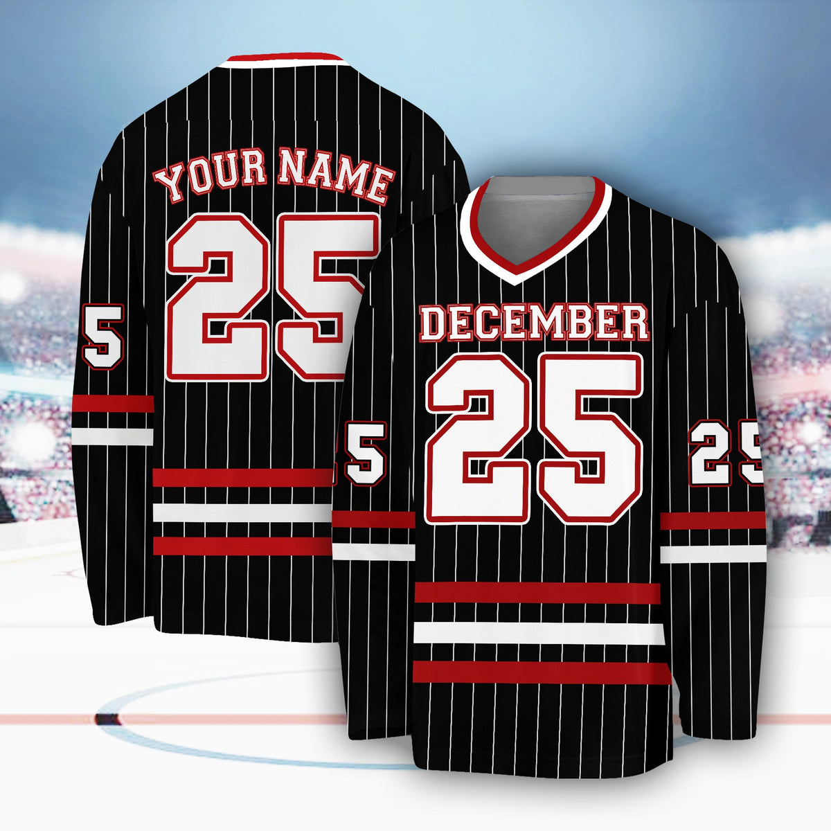 Fourth back view of personalized black sports hockey jersey