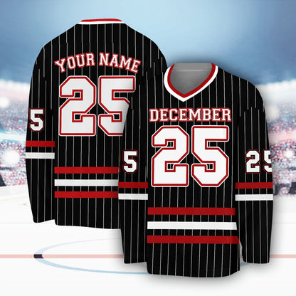Fourth back view of personalized black sports hockey jersey