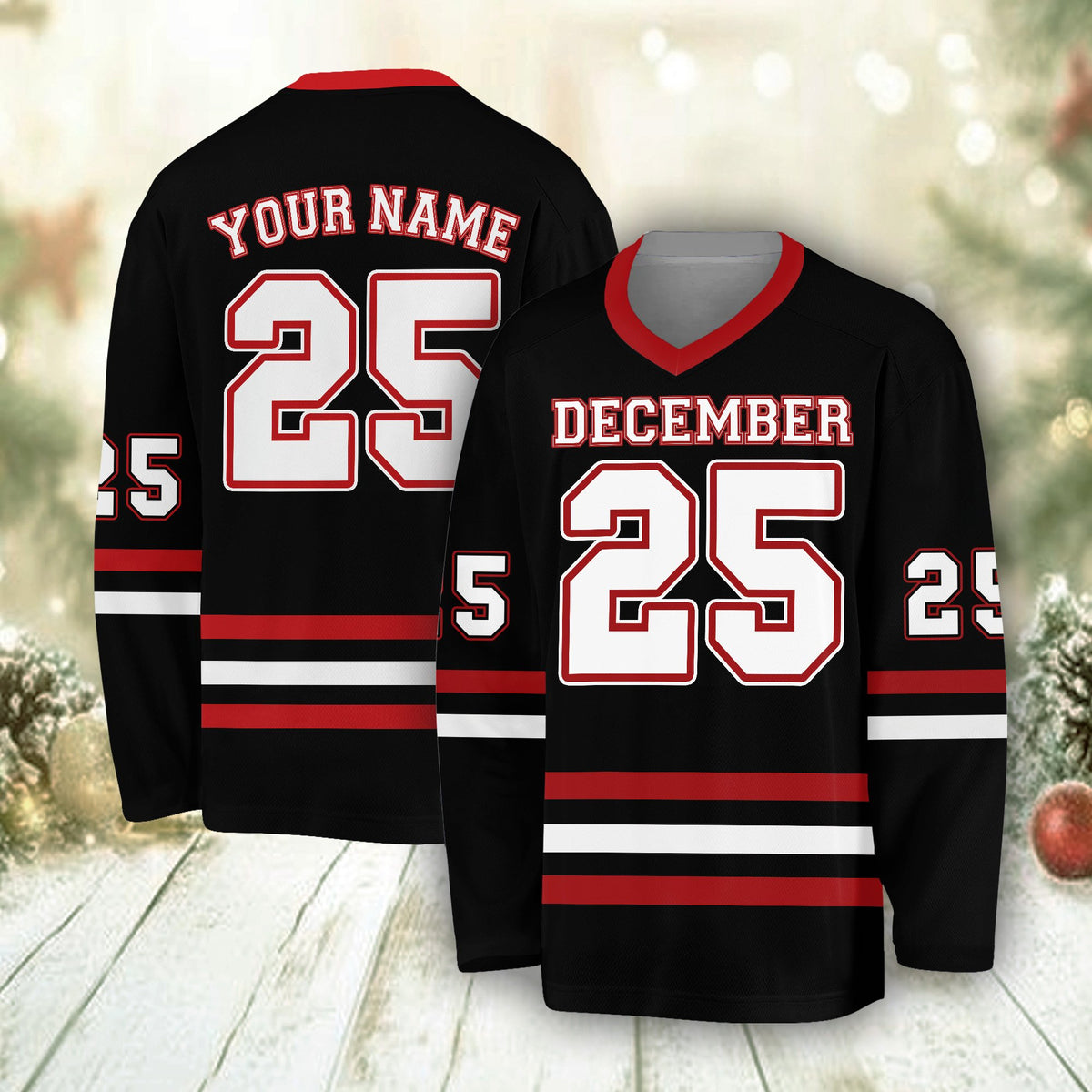 Back view of personalized black sports hockey jersey featuring custom name