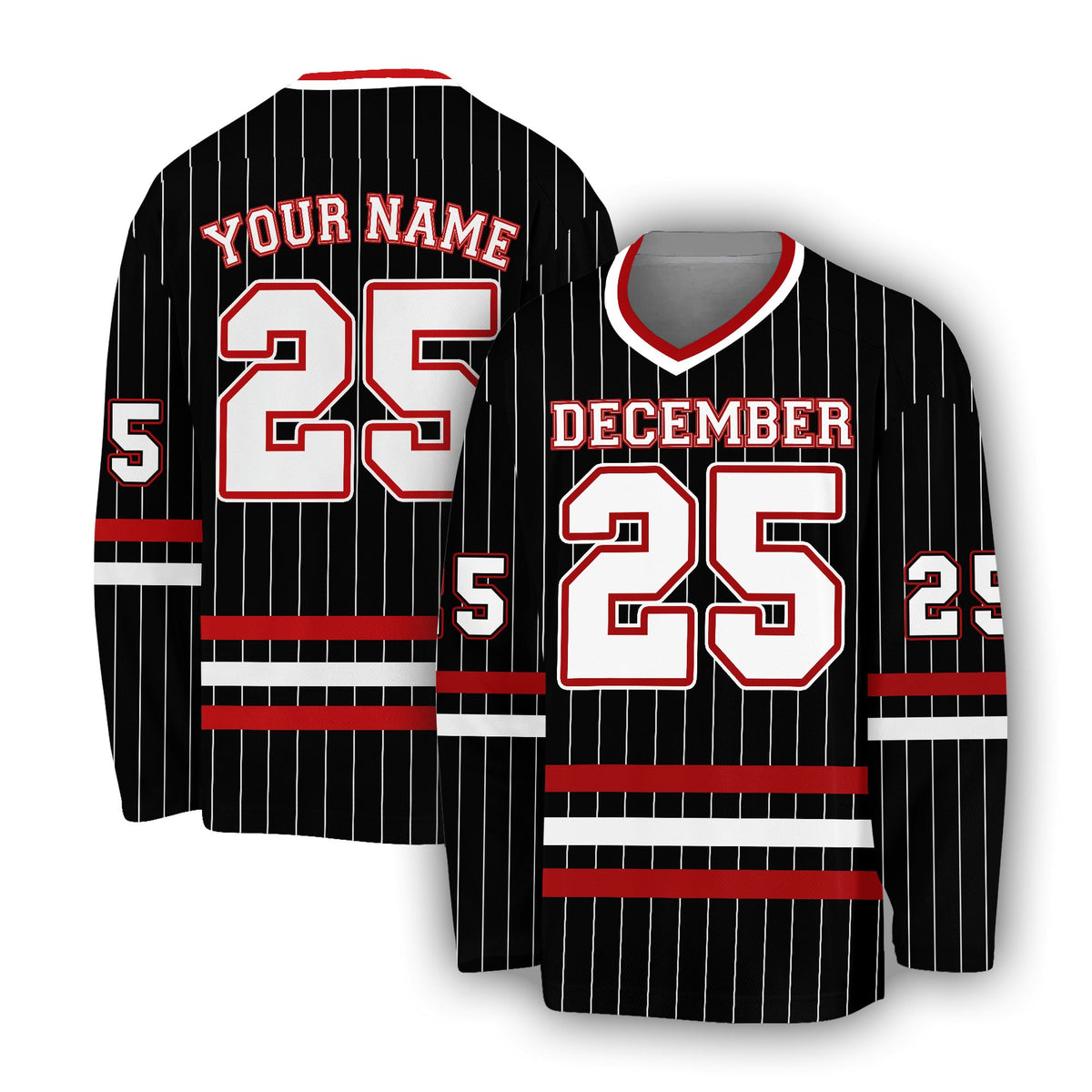 Front view of personalized black sports hockey jersey