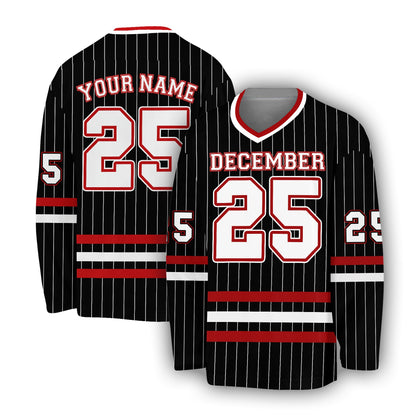 Front view of personalized black sports hockey jersey