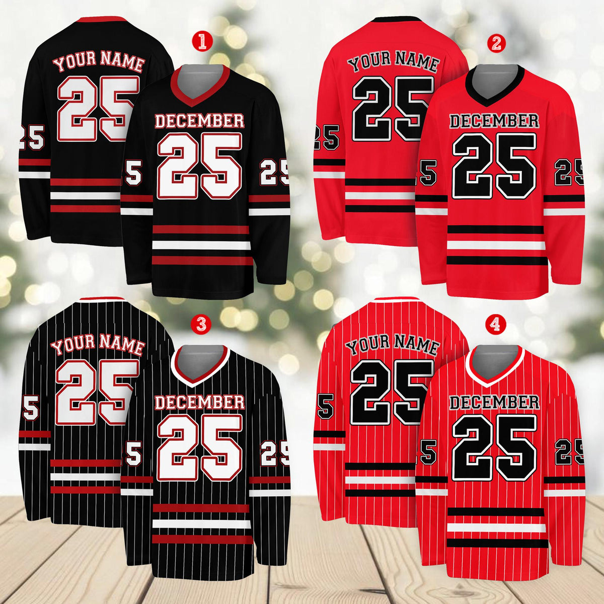 Front view of personalized sports hockey jersey in red with stripes