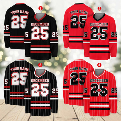 Front view of personalized sports hockey jersey in red with stripes