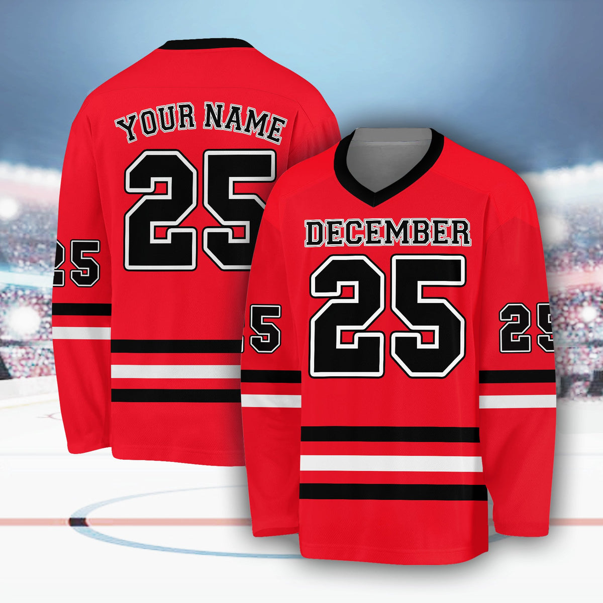 Second front view of personalized red sports hockey jersey