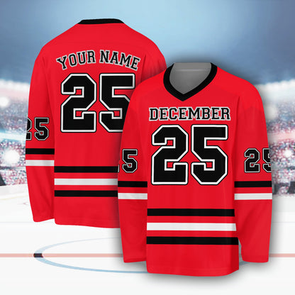 Second front view of personalized red sports hockey jersey