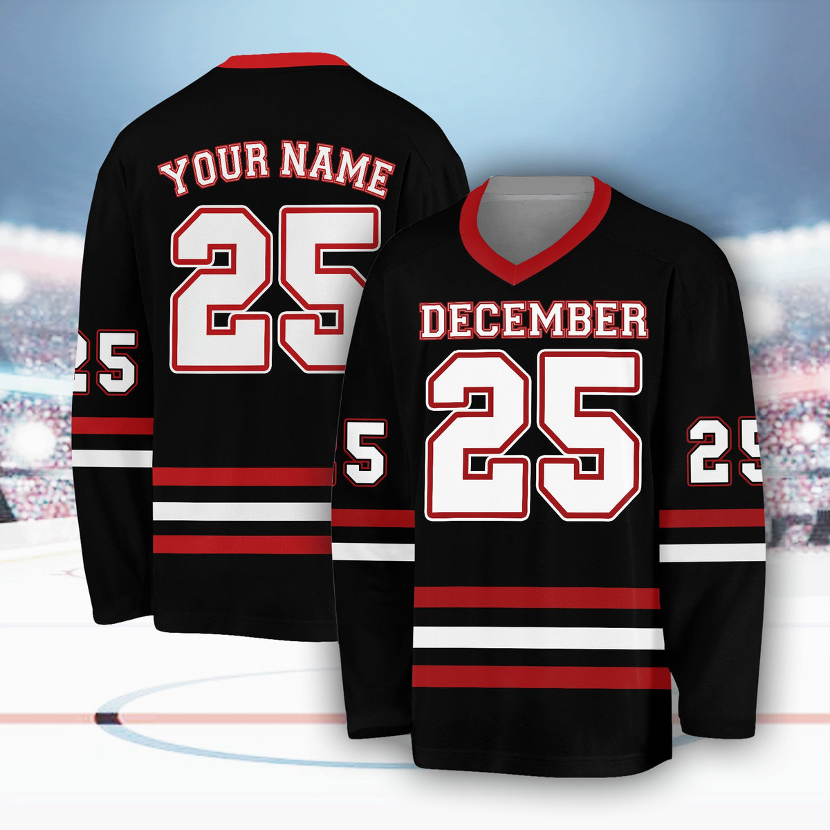 Personalized black sports hockey jersey in red with custom name and number, main view
