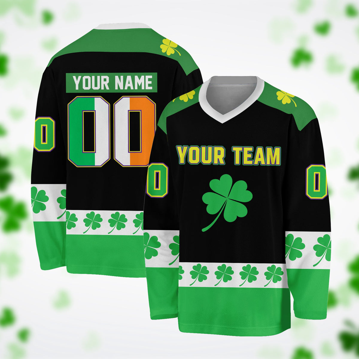 Black St. Patrick's Day hockey jersey with clover design, front view