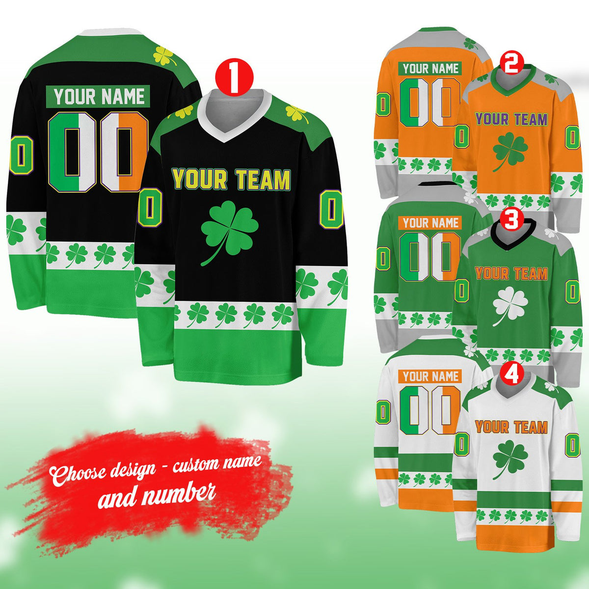 Black St. Patrick's Day custom hockey jersey showing shamrock details, front view