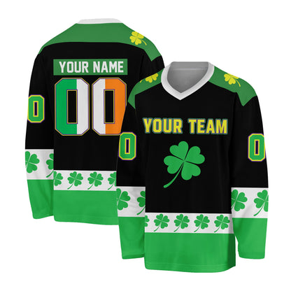 Black St. Patrick's Day hockey jersey with custom name and number on the back, main view