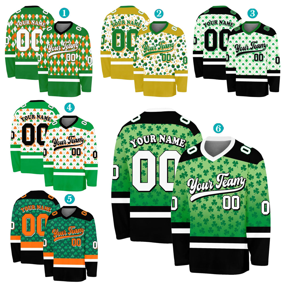 Custom hockey jersey featuring shamrock and horseshoe patterns, front view