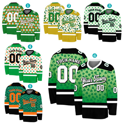 Custom hockey jersey featuring shamrock and horseshoe patterns, front view