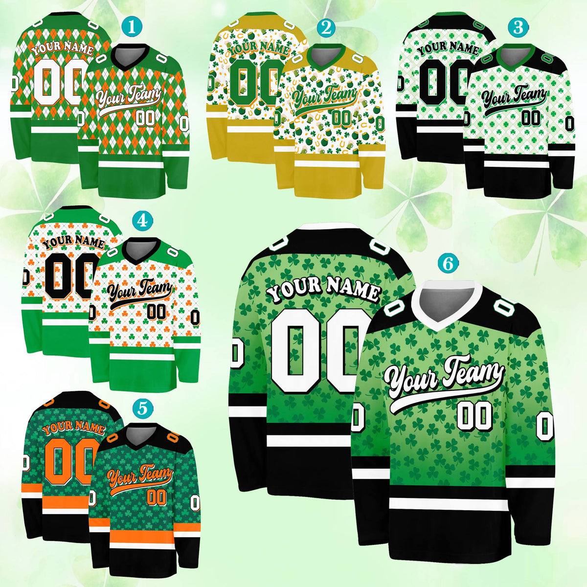 Adult day hockey jersey in green, white, and orange, front view