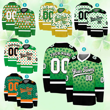 Adult day hockey jersey in green, white, and orange, front view