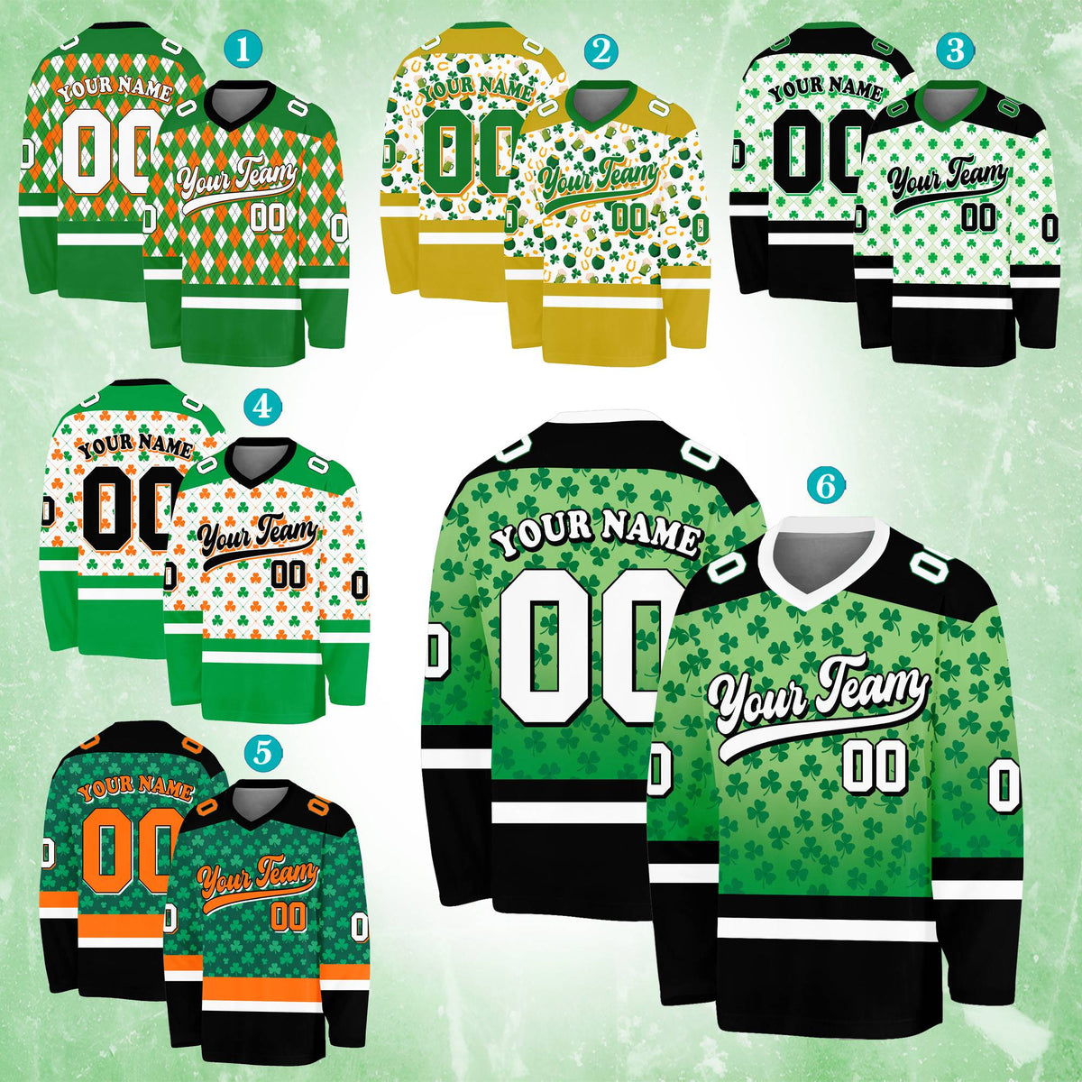 V-neck custom name and number hockey jersey with pot of gold design, front view