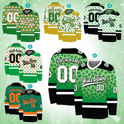 V-neck custom name and number hockey jersey with pot of gold design, front view