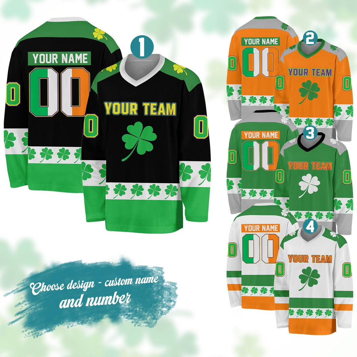 Festive St. Patrick's Day personalized hockey jersey, front view