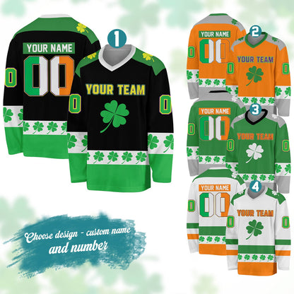 Festive St. Patrick's Day personalized hockey jersey, front view