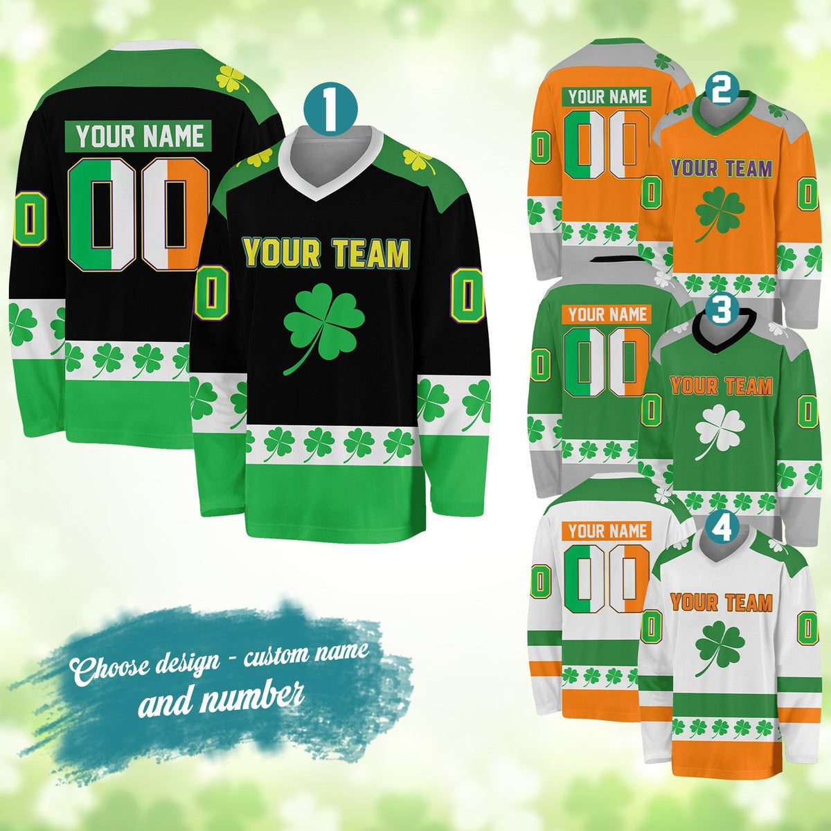 Green and black holiday hockey jersey with clover motif, front view