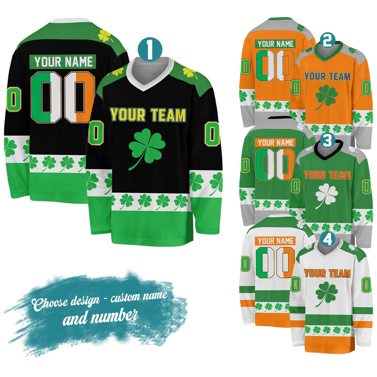 Custom St. Patrick's Day hockey jersey with Irish flag colors, front view