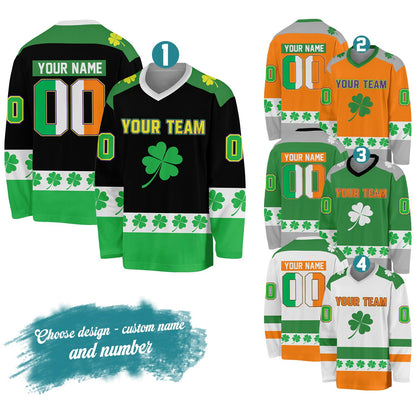 Custom St. Patrick's Day hockey jersey with Irish flag colors, front view