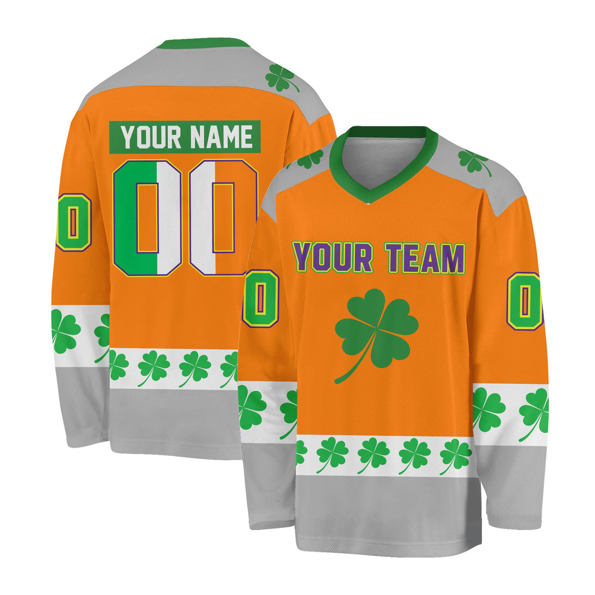 Adult St. Patrick's Day custom hockey jersey, front view