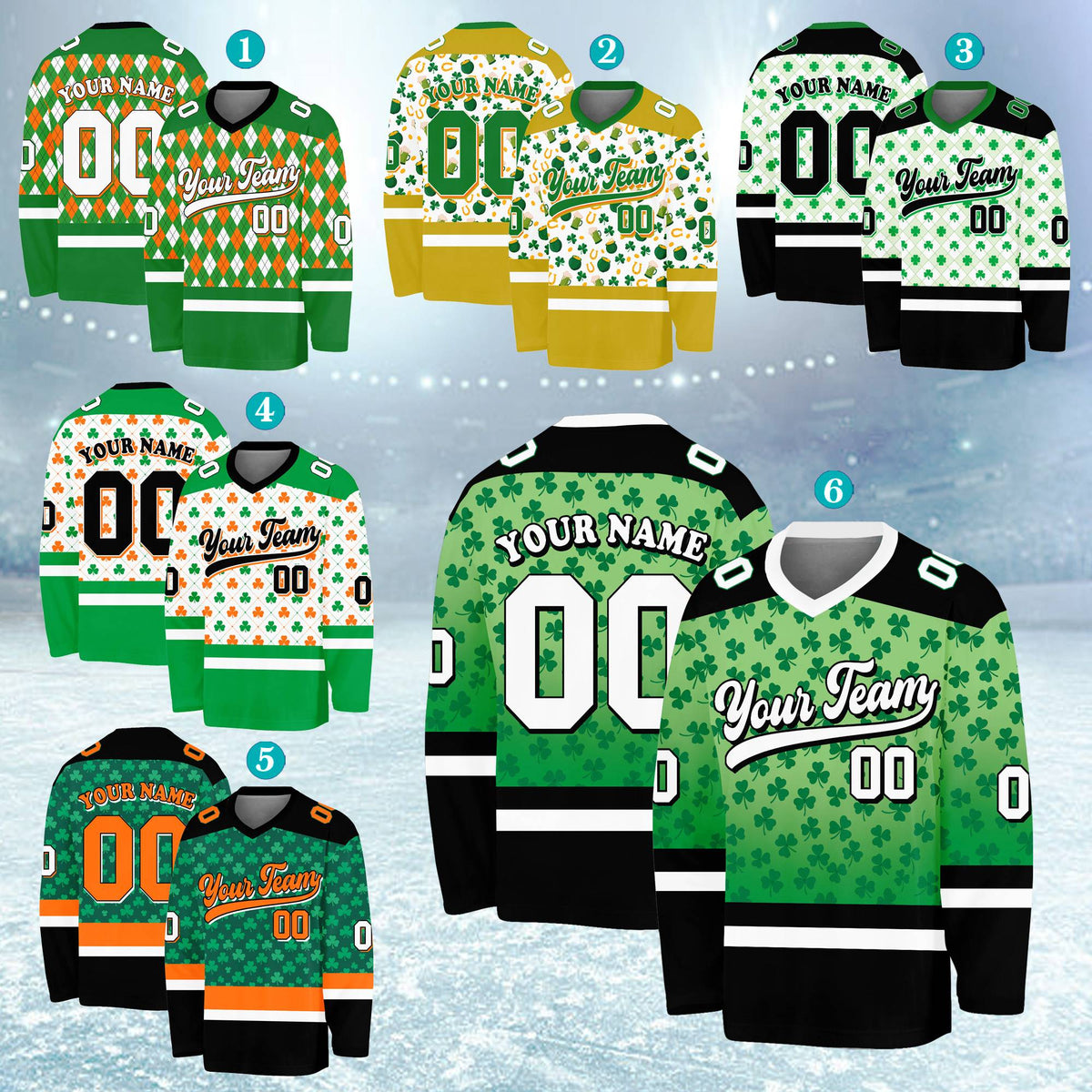 St. Patrick's Day hockey jersey with custom name and number, front view