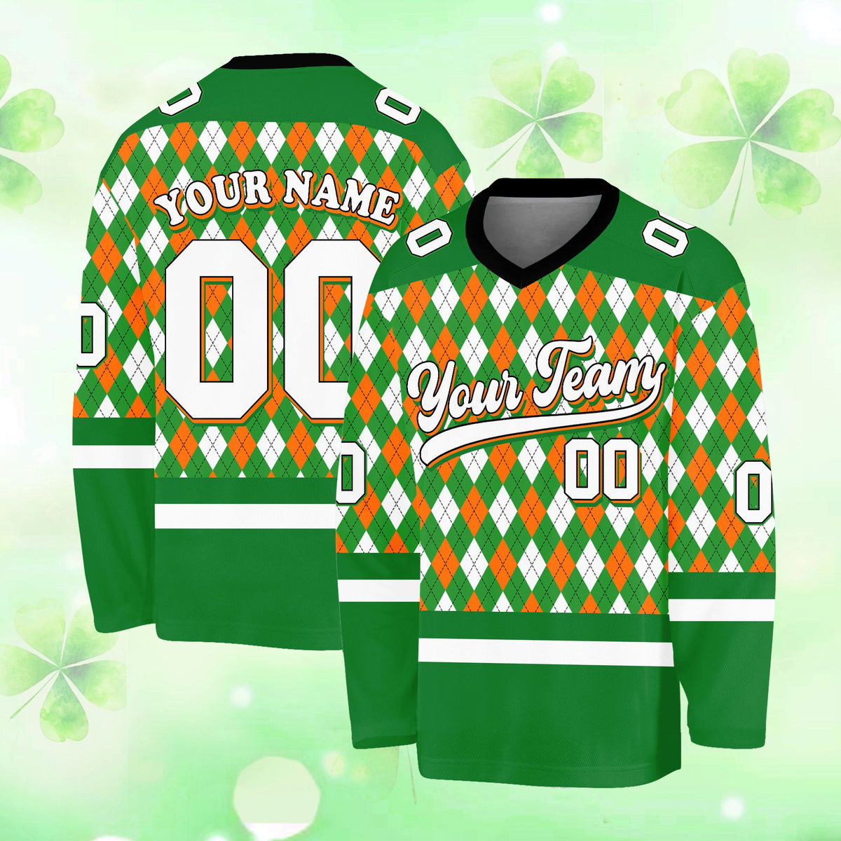 Green holiday hockey jersey with argyle pattern, front view