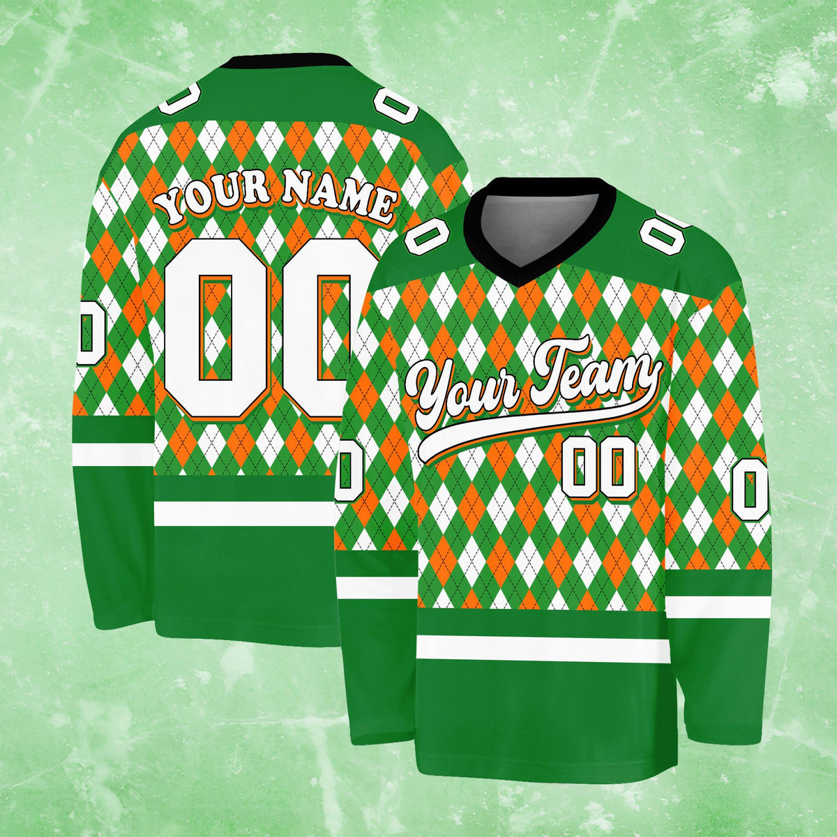 Personalized St. Patrick's Day hockey jersey with custom text, front view