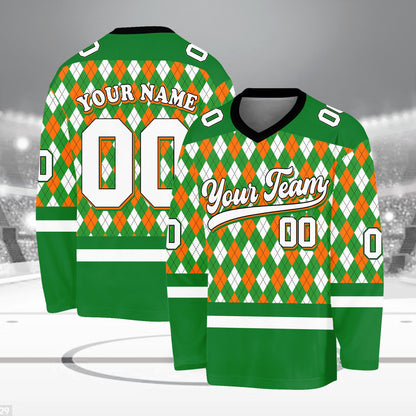 Festive patrick hockey jersey in green and white, front view