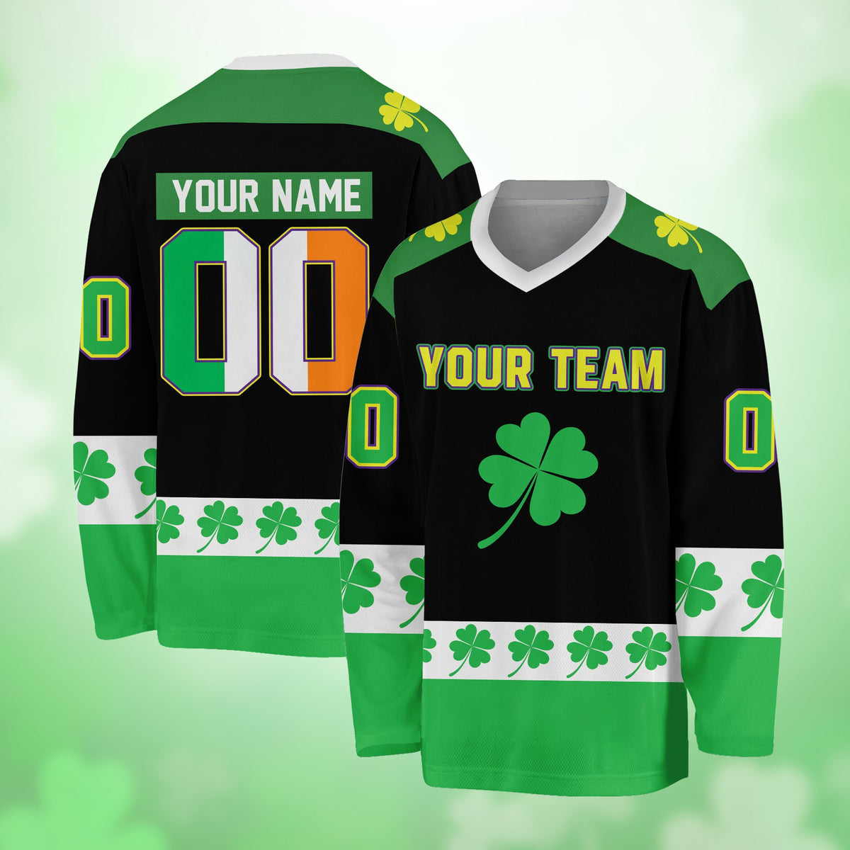 Orange St. Patrick's Day hockey jersey with shamrock pattern, front view