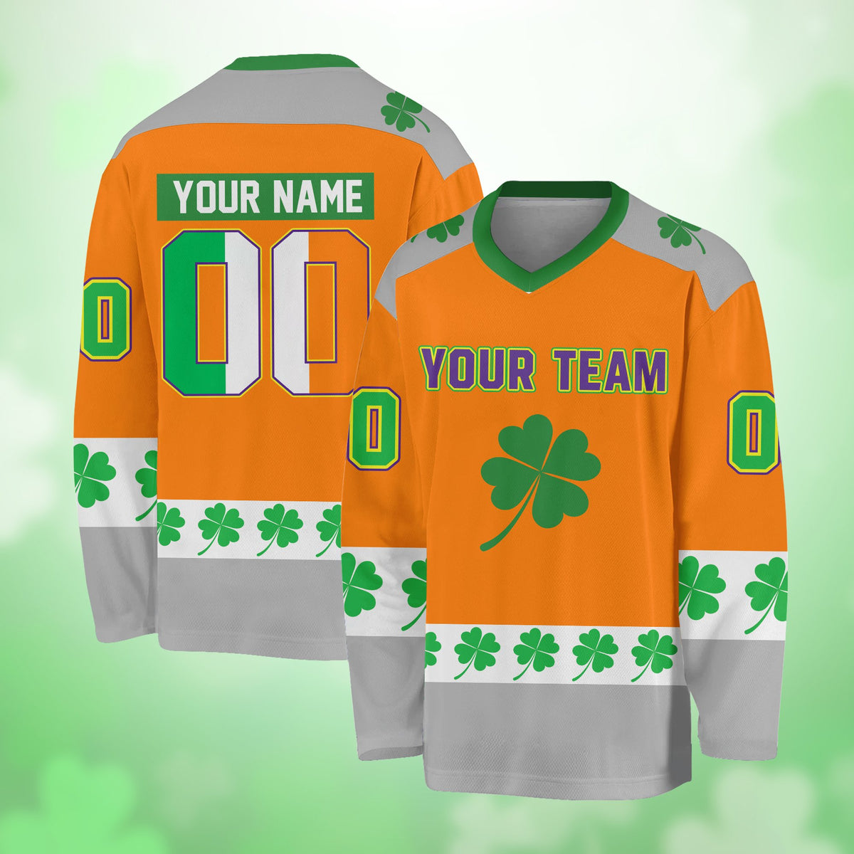 Orange St. Patrick's Day hockey jersey featuring four-leaf clover design, front view