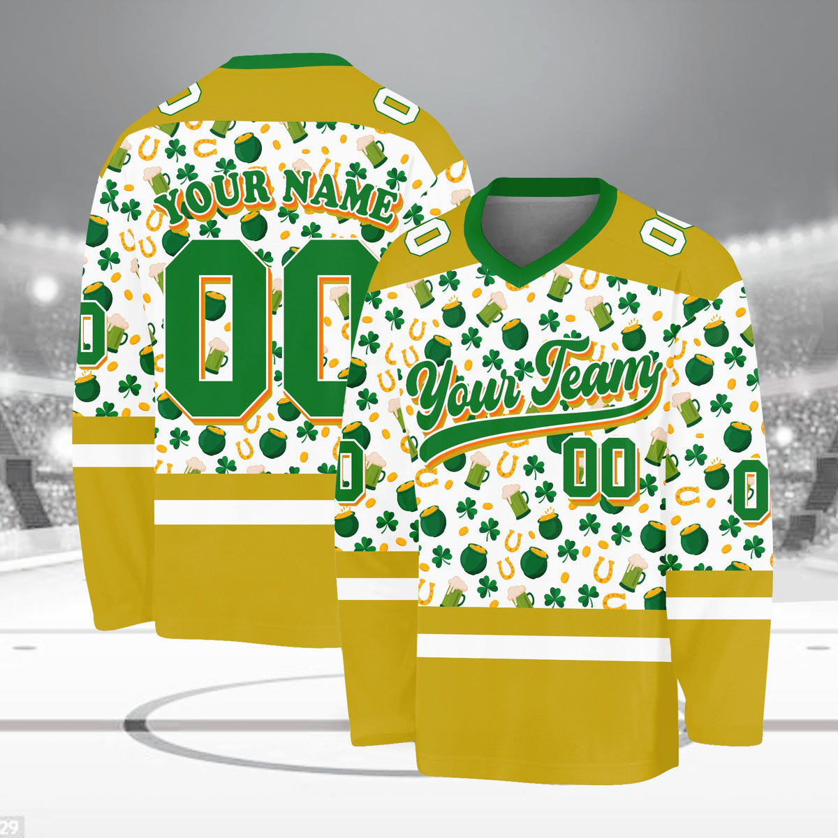 White and green custom hockey jersey with holiday motifs, front view