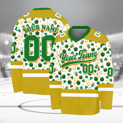 White and green custom hockey jersey with holiday motifs, front view