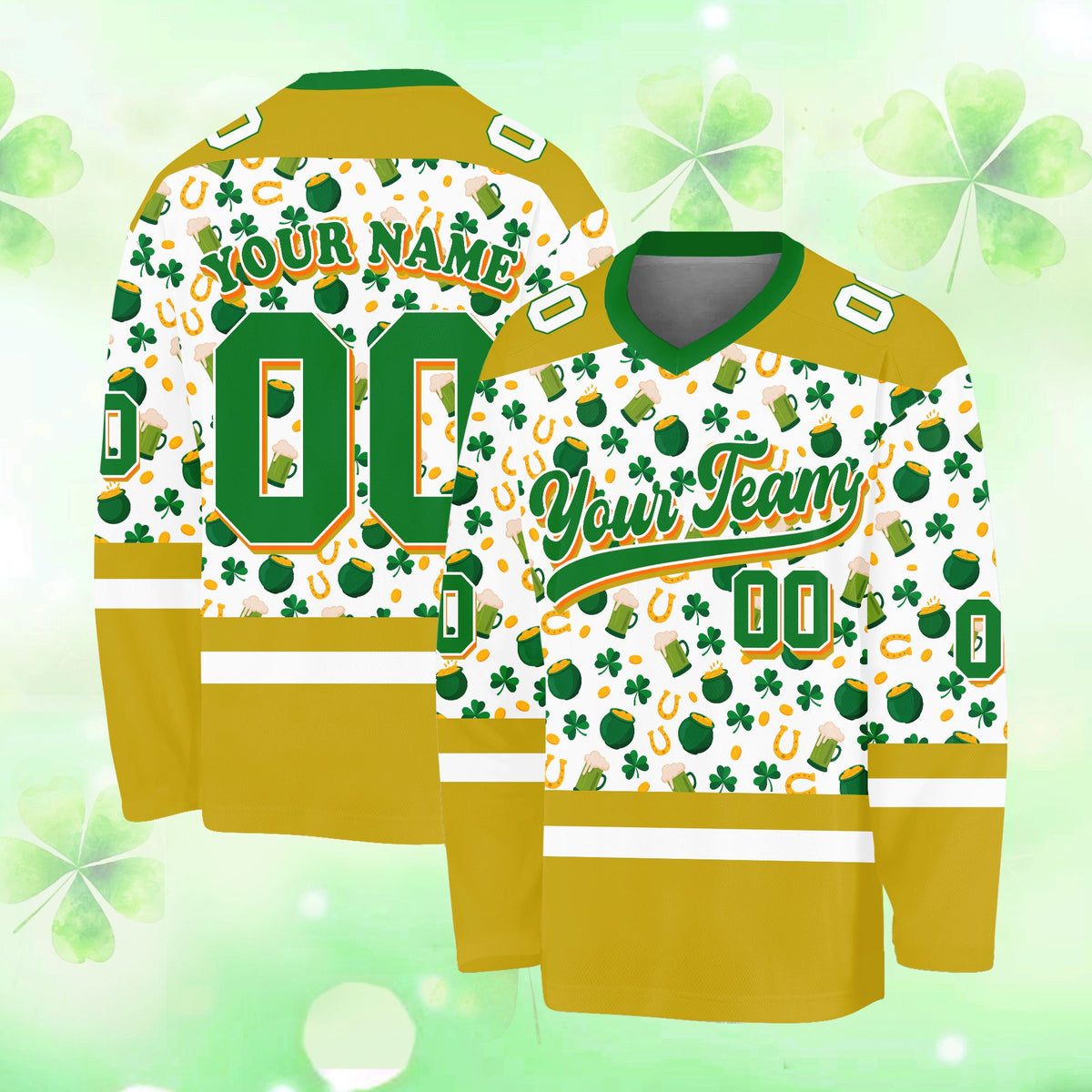 Personalized day hockey jersey with St. Patrick's Day theme, front view