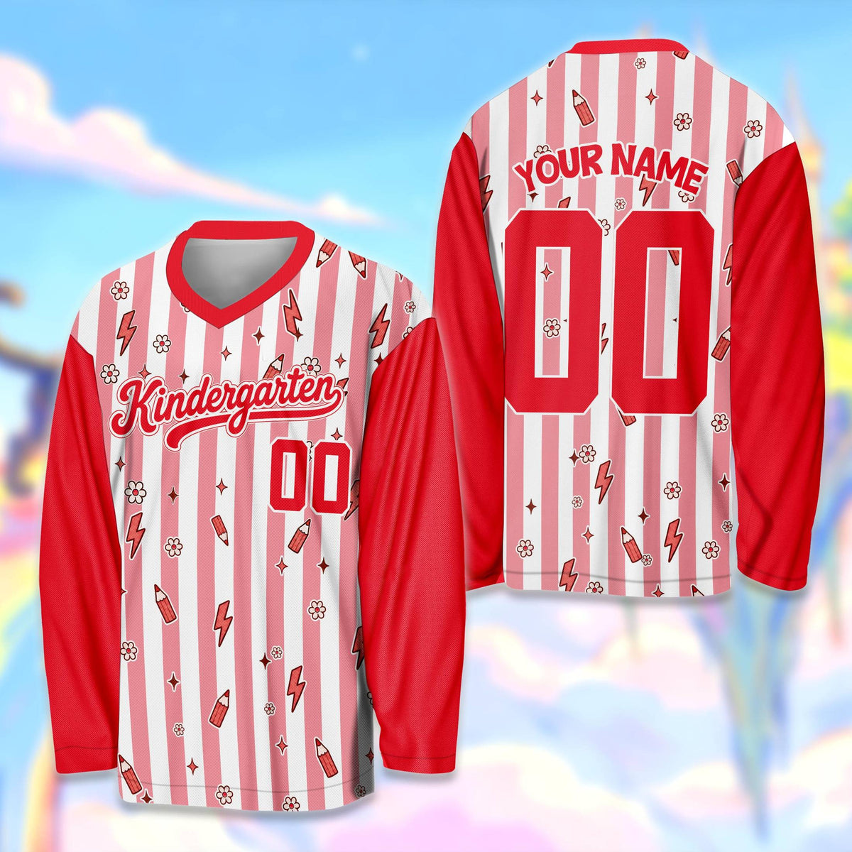 Front view of the personalized teacher hockey jersey custom name featuring colorful stripes and school illustrations