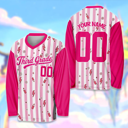 Pink variant view of the personalized teacher hockey jersey
