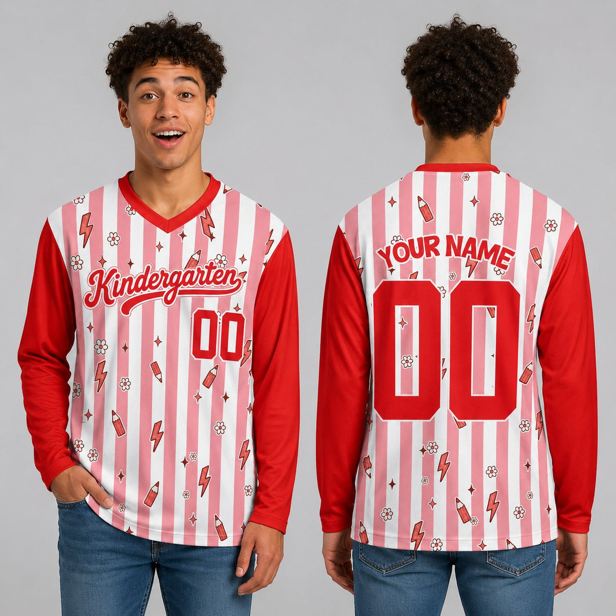 Alternate view of the custom hockey jersey highlighting the teacher-themed graphics