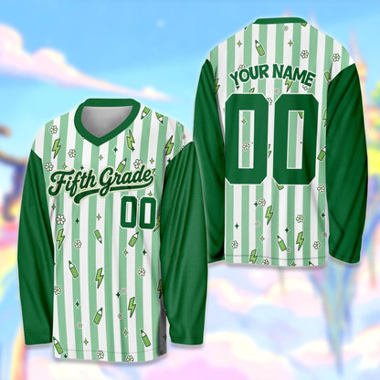 Detailed view of the customized name and number on the back of the hockey jersey
