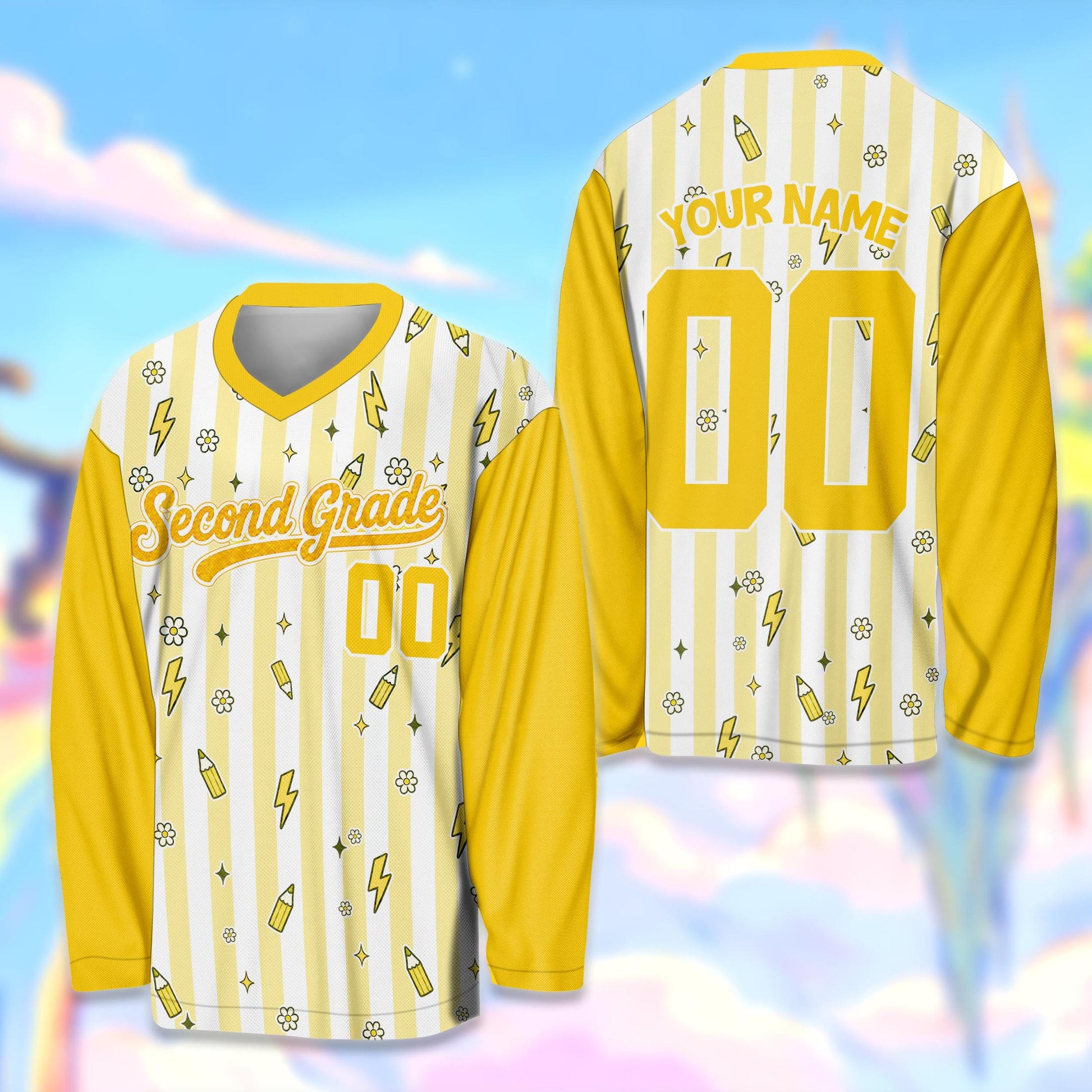 Yellow variant view of the personalized teacher hockey jersey