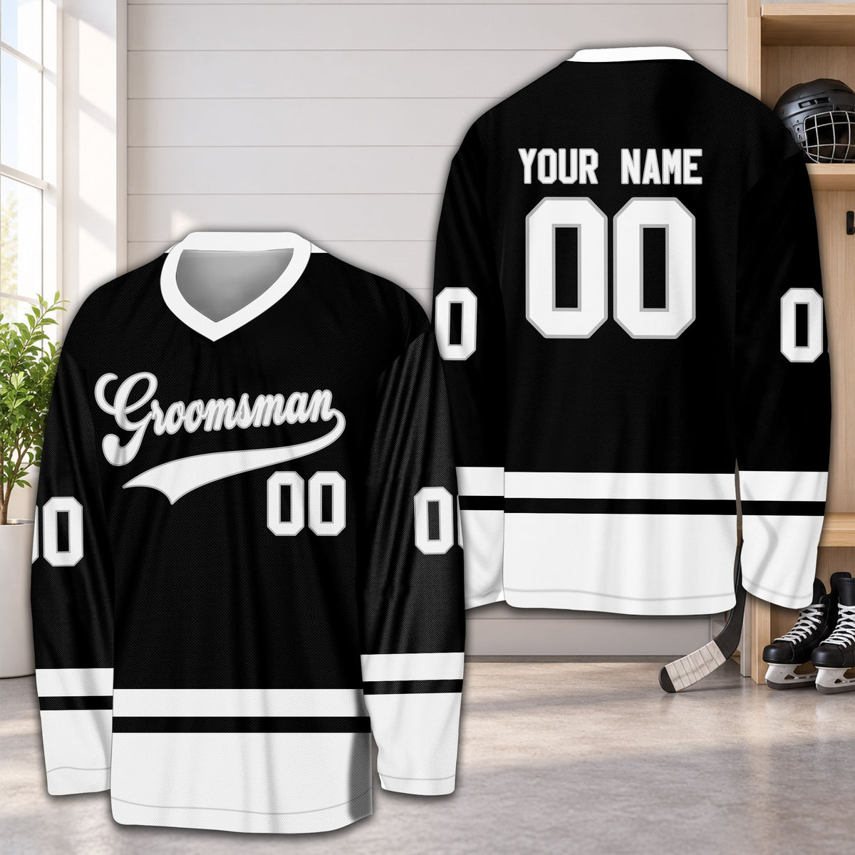 Black personalized hockey jersey showing custom name and number, back view