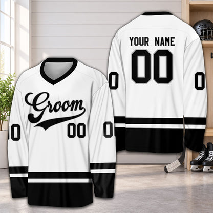 Black personalized hockey jersey with wedding party text, main front view