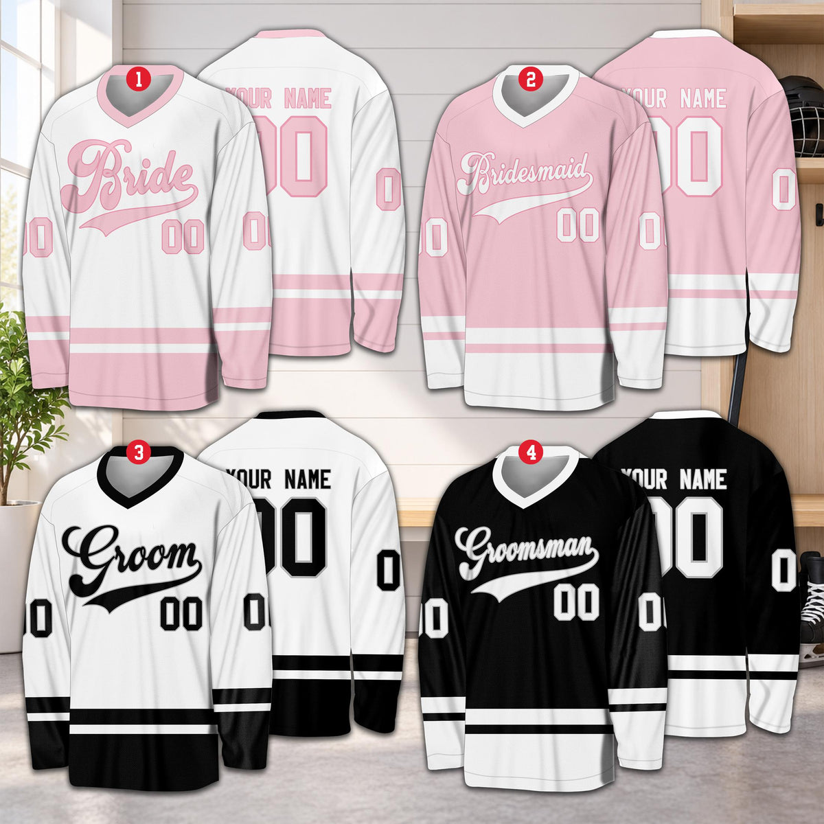 Black custom hockey jersey with cursive wedding text, front view