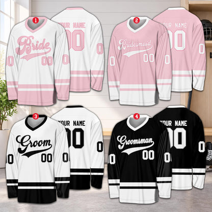 Black custom hockey jersey with cursive wedding text, front view