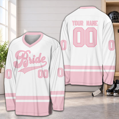 White wedding hockey jersey with cursive text, front view