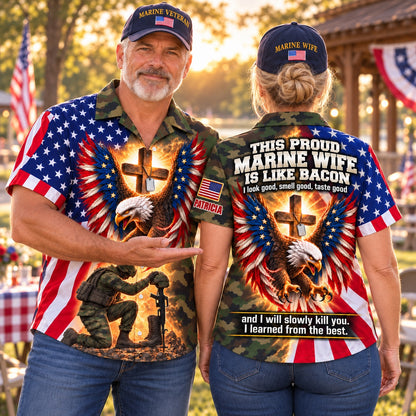 Marine veteran and Marine wife couple in matching personalized camo eagle and cross Hawaiian shirts with custom names, front and back views