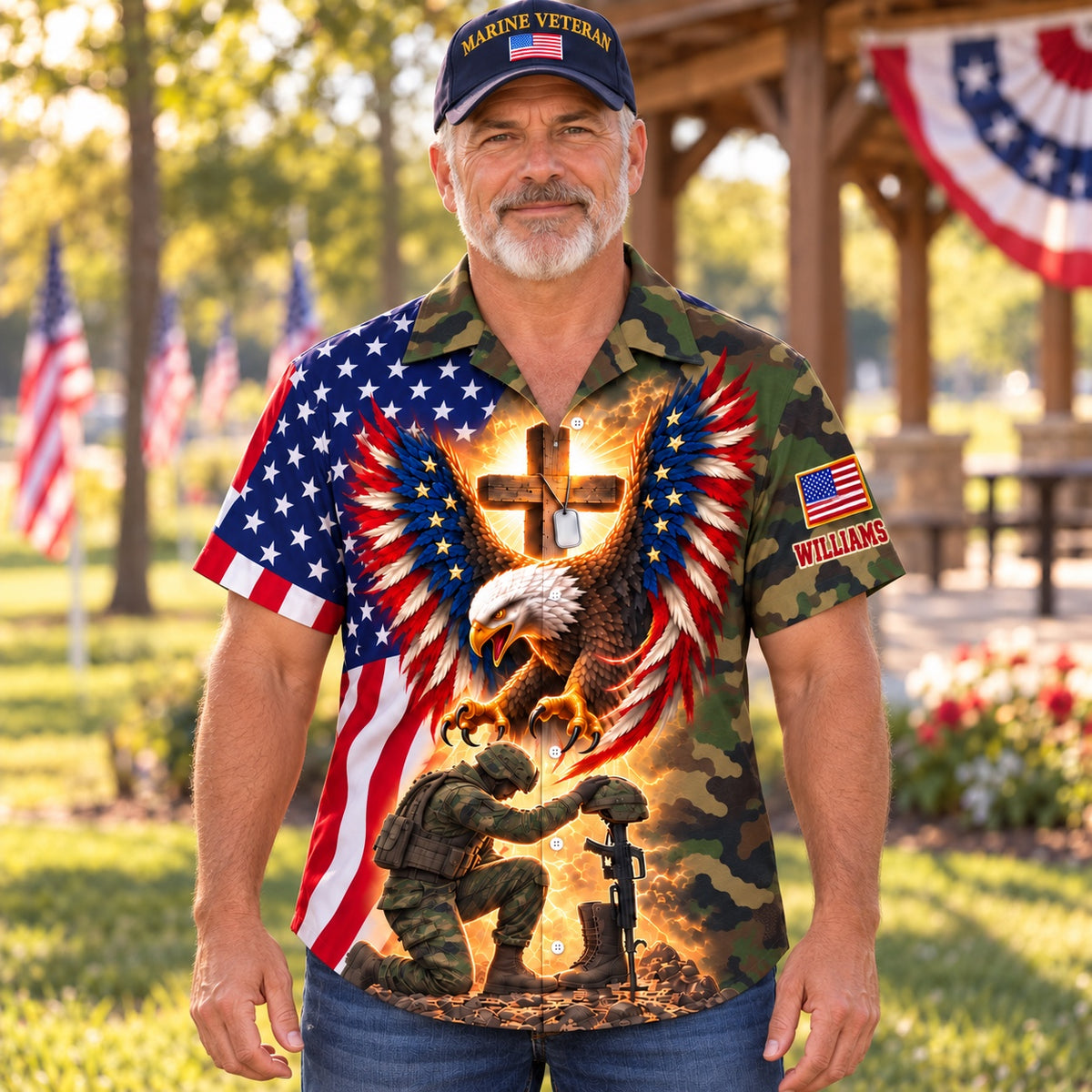 Front of the personalized Marine veteran camo Hawaiian shirt: American flag eagle, glowing cross with dog tags and a kneeling Marine at a battlefield cross, custom name on the sleeve