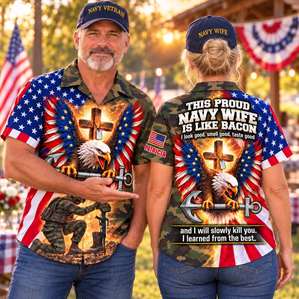 Navy veteran and Navy wife couple in matching personalized camo eagle, anchor and cross Hawaiian shirts with custom names, front and back views