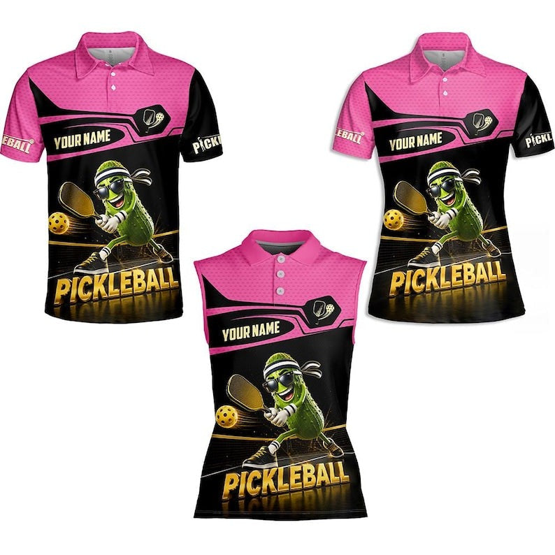 Personalized pickleball polo shirt in pink and black with custom name, men's, women's and sleeveless styles