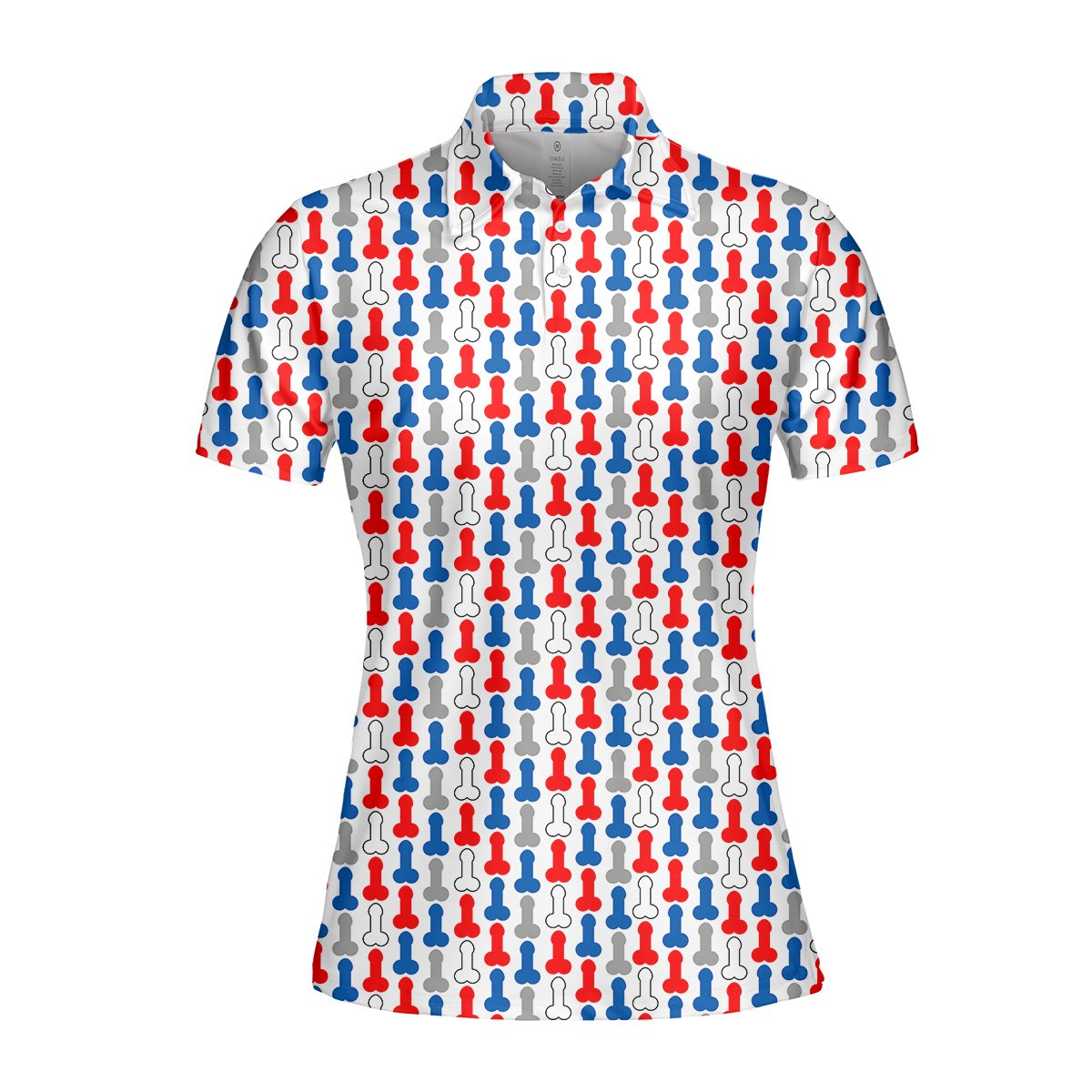 Front view of the adult humor polo shirt in red, blue, grey, and white